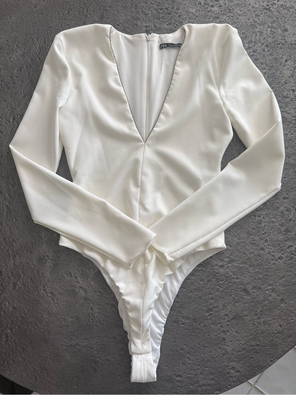 Zara Ivory V-Neck Bodysuit with Neckline Beading